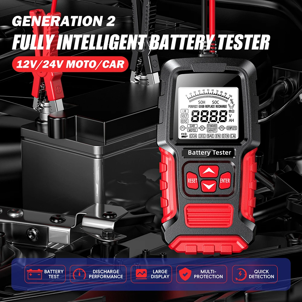 

Car Battery Tester 2V 24V 3 to 200AH lead-acid Battery 2.7inch LCD Display SOH SOC CCA Value Battery Tools Battery System Detect