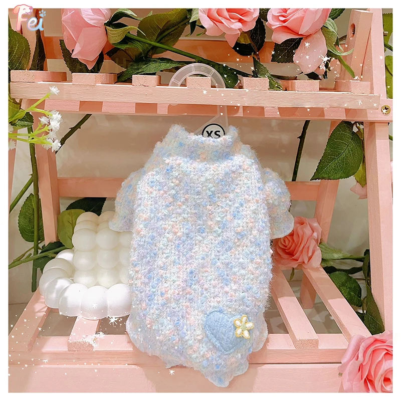 Pull tricoté à manches bulles et col haut pour animaux de compagnie, automne/hiver, manches bourgeons de fleurs d'amour, manteau de Base chaud, vêtements pour chiots