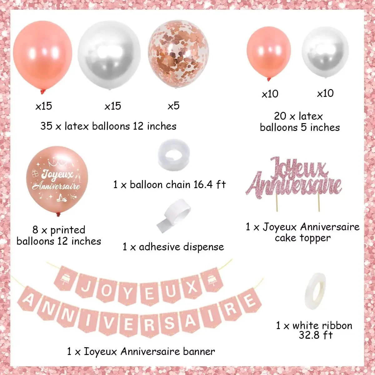 Cheereveal Rose Gold Joyeux Anniversaire Balloons Kit Glitter Joyeux Anniversaire Banner Cake Topper for Women Birthday Party