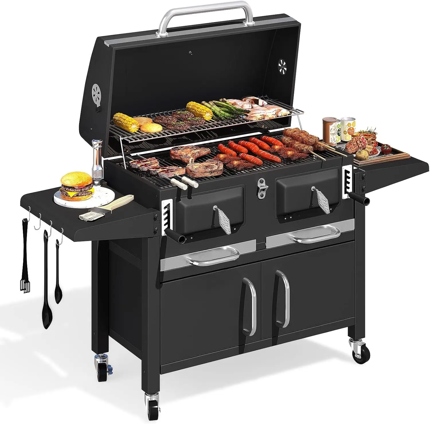 

Extra Large 36 In Charcoal Grill - Oversized BBQ Area 620 Sq.In with Storage Cabinet & Individual Lifting Charcoal Trays, Foldab