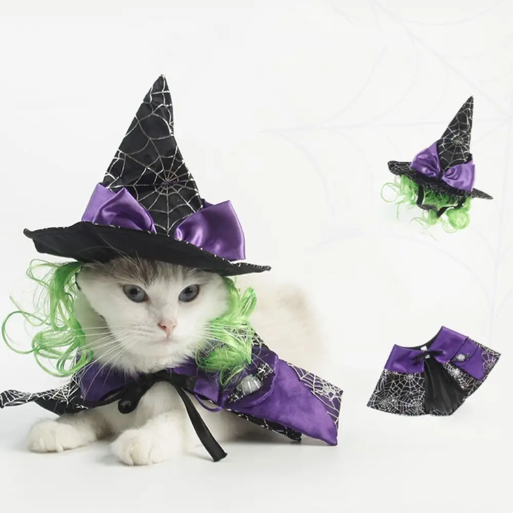 

Funny Decorative Cat Wizard Hat Cloak Soft with Snack Bag Cat Wizard Spider Hat Adjustable Pet Witch Costume Cosplay Party