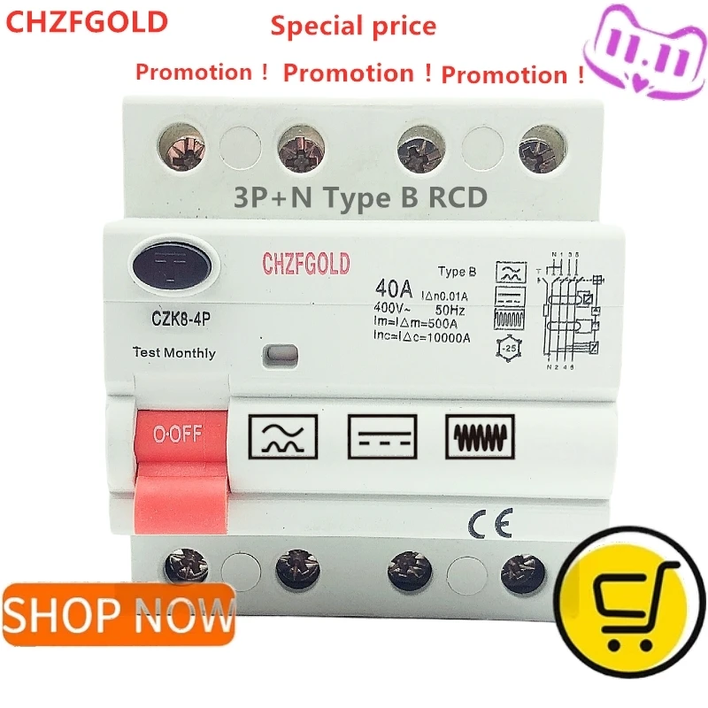 

CHZFGOLD 10KA 30mA Type B RCD 4P 40A/ 63 Amp B Type RCCB