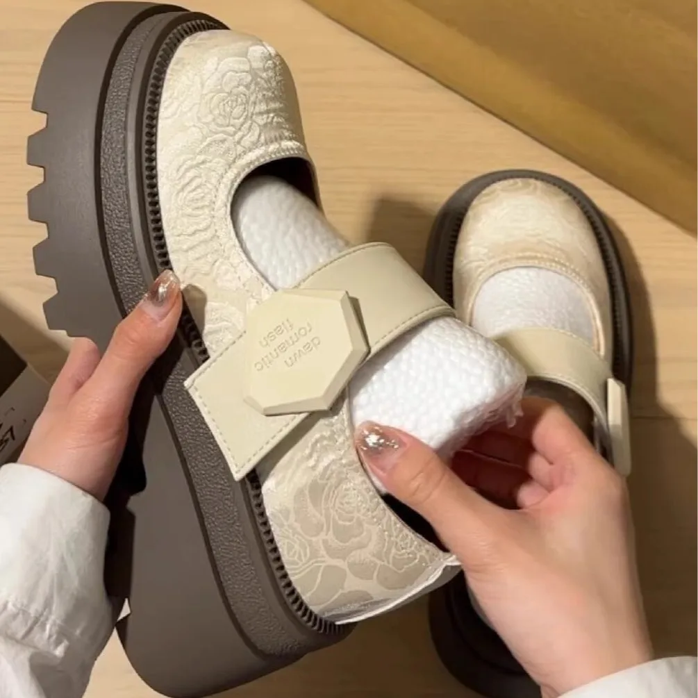 Vintage Punk Best - Selling Black Embossed Chunky Mary Janes, Velcro Strap, Ideal for Daily Streetwear
