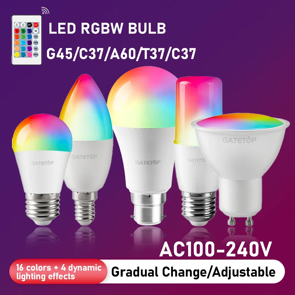 

5PCS Remote Controlled LED RGBW Smart Light Bulb, GU10 A60 C37 G45 with Dimming Feature for Holiday and Mood Lighting