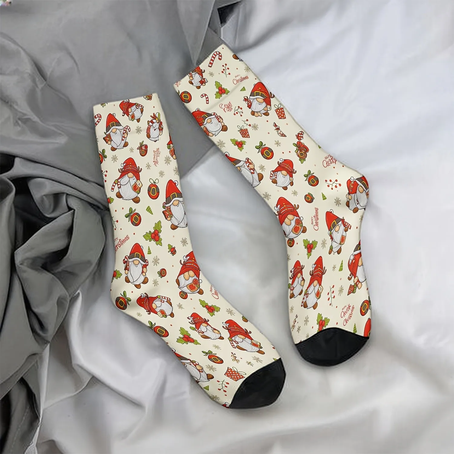 Christmas Gnome Print Mid-Calf Socks Unisex All-Season Casual Running Wear Durable Daily Essential
