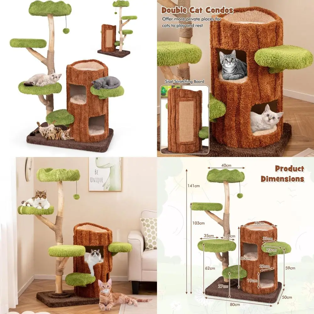 

Многоуровневая деревянная лежанка-башня для кошек 55 см с двухуровневым домиком, когтеточками, сизалевой доской, мягкой платформой и подвесными игрушками