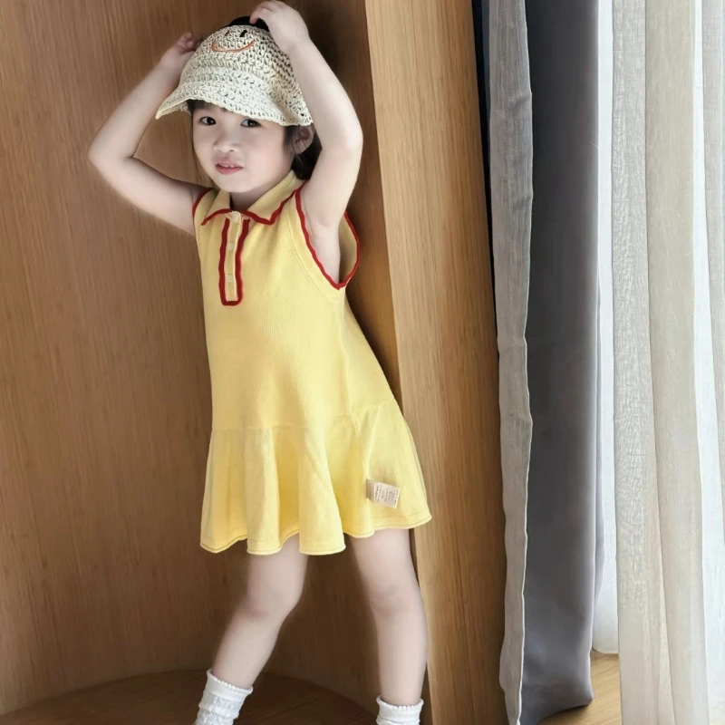

2025 Summer New Girls' Elegant Polo Collar Color Blocked Cotton Solid Color Dress