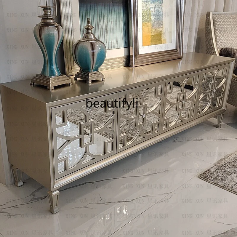 

American solid wood TV cabinet creative mirror modern simplicity, light luxury living room small apartment TV cabinet