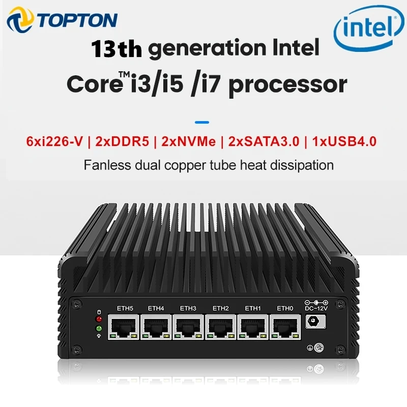 I226-V, 6 LAN, 2.5G Firewall Router ke-13 Gen Intel i7 1355U i5 1335U Mini PC 2xDDR5 HDMI DP tipe-c 3x4K pfSense Proxmox