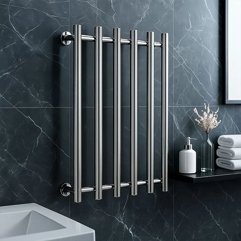 Stainless Steel Vertical Heated Towel Rail Wall Mounted Bathroom Drying Heater Modern Round Bar Design Towel Warmer
