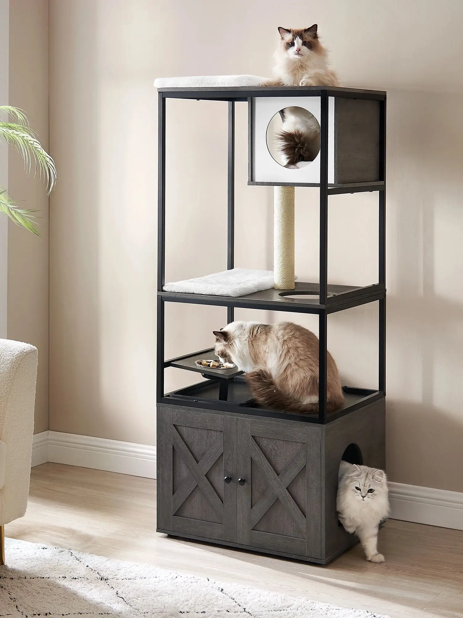 FEANDREA krabpaal, 3-in-1, met kattenkast, verhoogde komstandaard