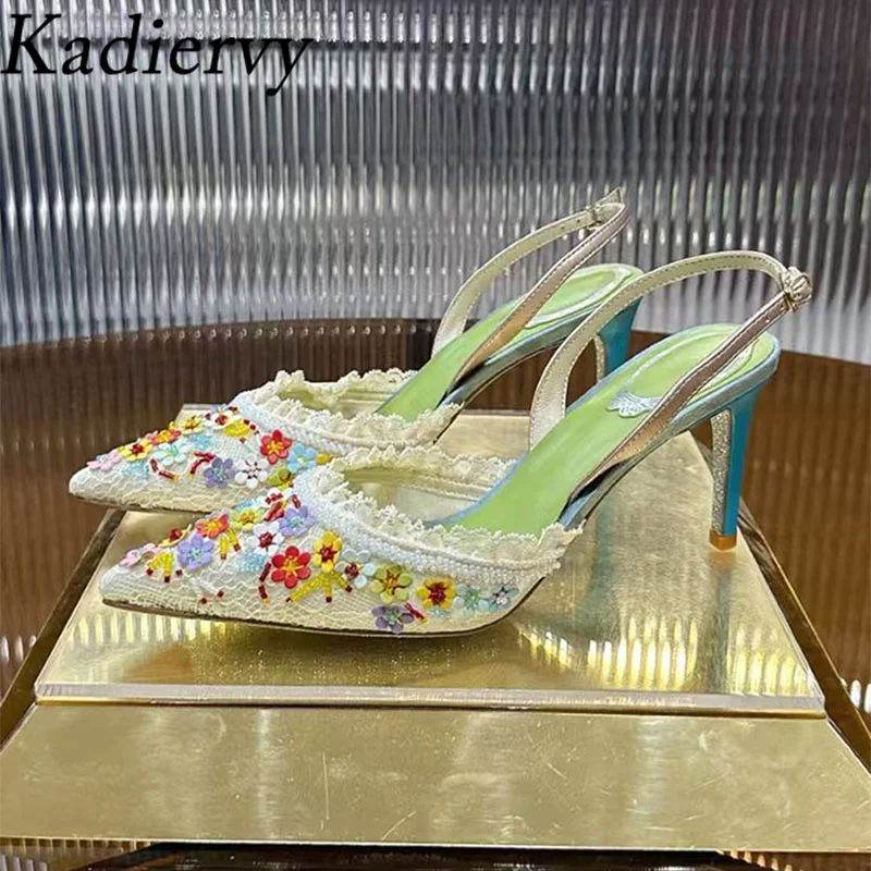

Summer High Heels Women Pumps Luxury Pearl Flower Wedding Shoes Pointed Toe Mesh Lace Slingbacks Stiletto Sandals Woman