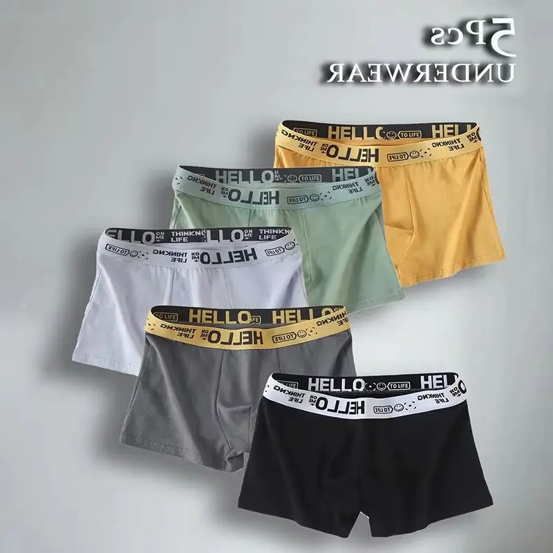 Herren Milchseide Boxershorts 5er-Pack Weiche Atmungsaktive Komfortable Unterwäsche mit Elastischem Bund Freizeitkleidung Hello-Print Mehrfarbige Boxershorts
