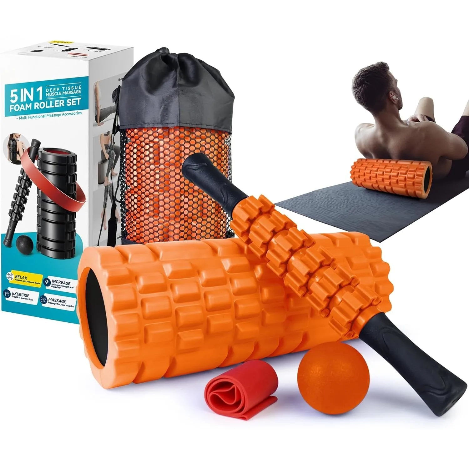 

5 in 1 Foam Roller Set for Deep Tissue Muscle Massage, Trigger Point Fitness Exercise Foam Roller, Massage Roller, Massage Ball