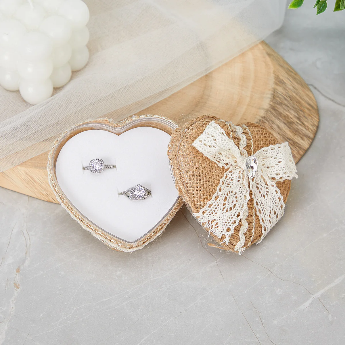 Rustic Twine Heart Shaped Ring Box lace heart Engagement Ring Box Ring Bearer Double Slots Ring Box Wedding Ring Holder Box