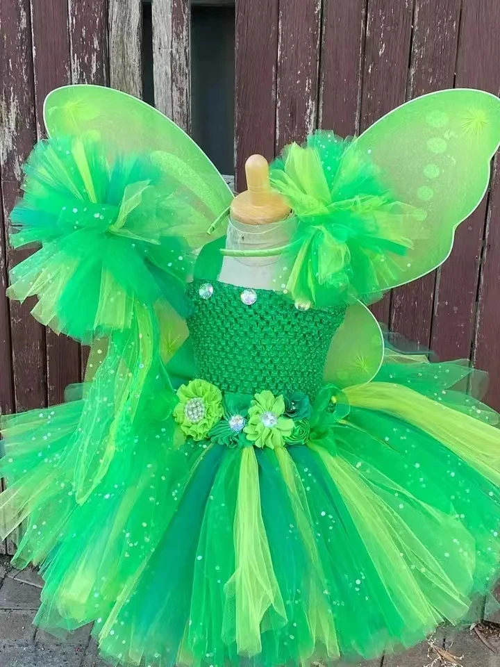 Girls Green Flower Fairy Dress Kids Glitter Tutu Dress with Butterfly Wing and Stick Hairbow Set Children Cosplay Party Costumes