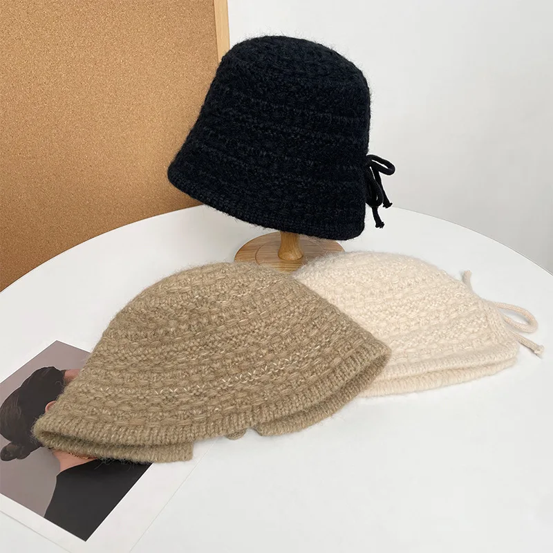 

Korean Style Split Bowknot Knitted Fisherman Hat for Women, Autumn and Winter Versatile Solid Color Bucket Hat, Warm Ear Protect