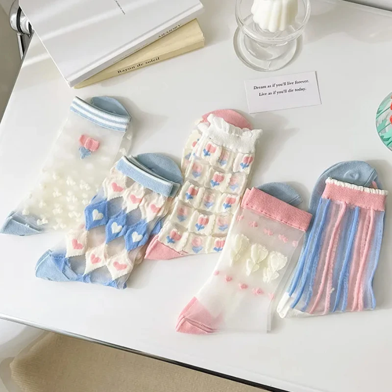 

Летние тонкие женские носки с цветочным принтом, сексуальные кружевные сетчатые прозрачные носки для экипажа, повседневные модные уличные носки в стиле Харадзюку Crysta