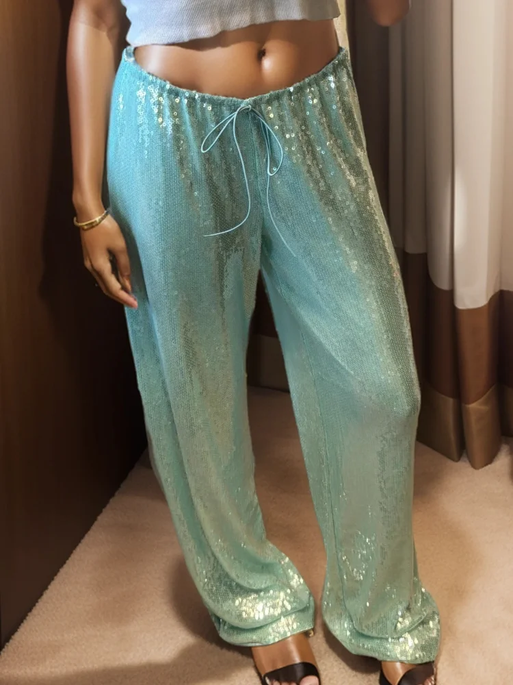 

Green Sequin Sparkling Pant For Women Fashion Loose Elastic Low Waist Lace Up Wide Leg Trousers Spring Summer Y2k Lady Clothes