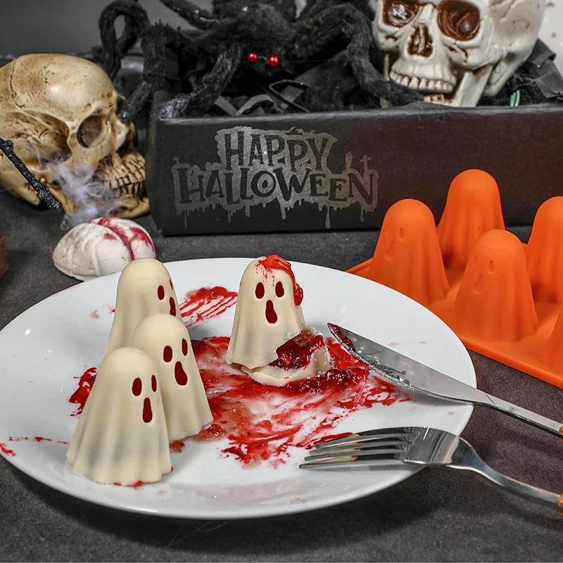 Molde de gelatina fantasma reutilizable, naranja, fácil de limpiar, molde de silicona para Chocolate, molde casero para hornear fantasma de Halloween para dulces de goma