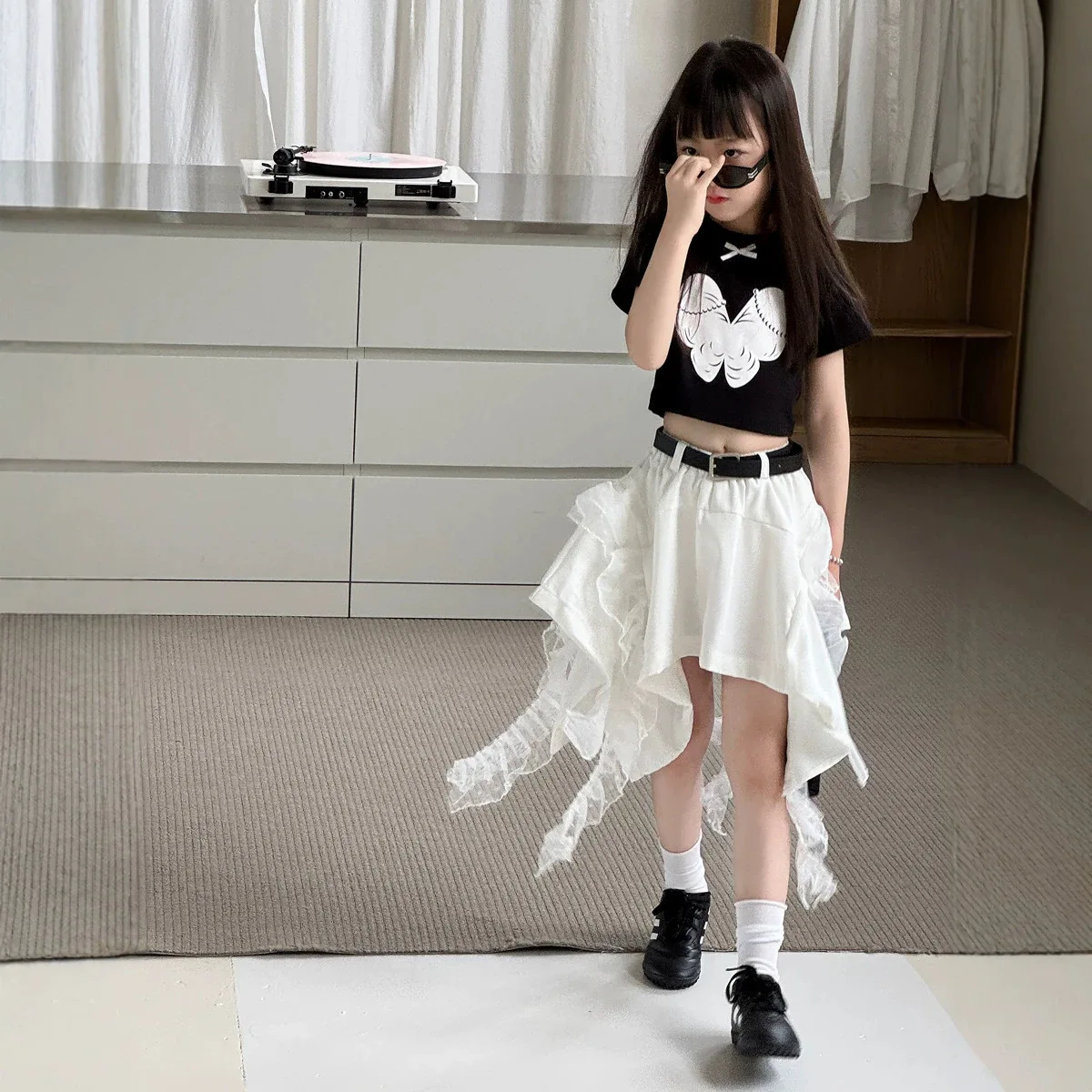 2026 Fashion Princess Style Girls American Street Skirt Kids Lace Patch Irregular Hippie Hot Short Skirt