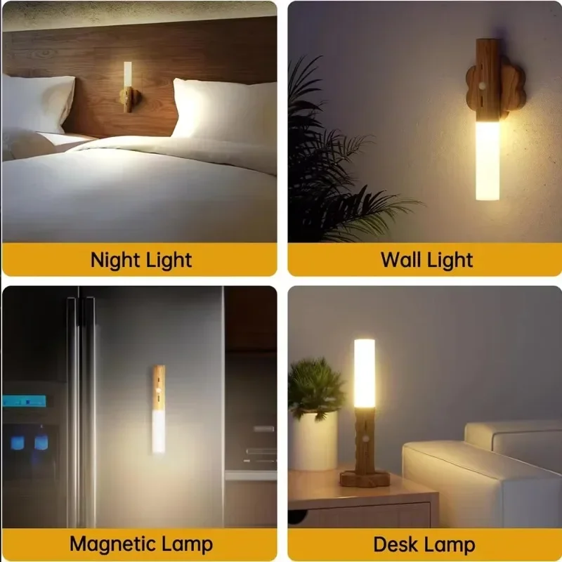 Portable Rechargeable Motion Sensor Wood Wireless Magnetic Stair Handheld Wall Lamp LED USB Night Light for Bedroom Bathroom