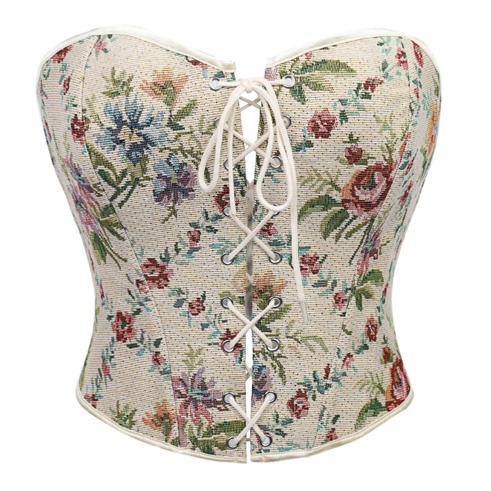 Damen-Overbust-Korsett mit Schnürung vorne, Taillenformer, Blumenmuster, Schnürung hinten, Vintage-Cottagecore-Partykleidung