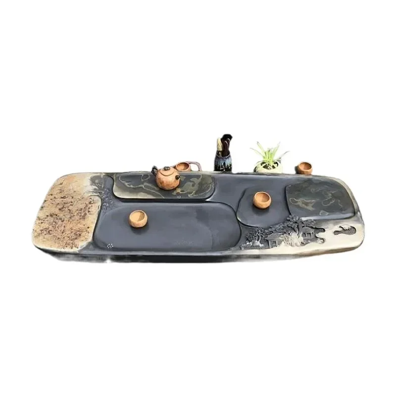 Stone  tray Household  sea natural raw stone tea table inkstone golden halo drainage  set