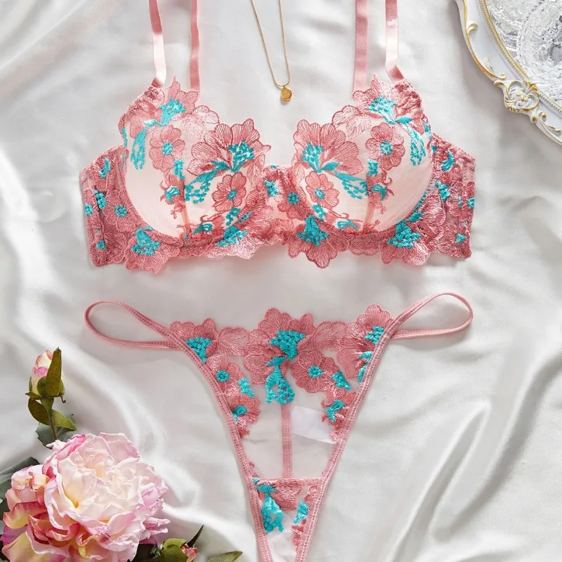 الوردي الأزهار ينغيرييس مثير الساخن بقماش شفاف التطريز الصدرية وجيزة الملابس الداخلية النسائية رغبة نقية العشير انظر من خلال الملابس الداخلية