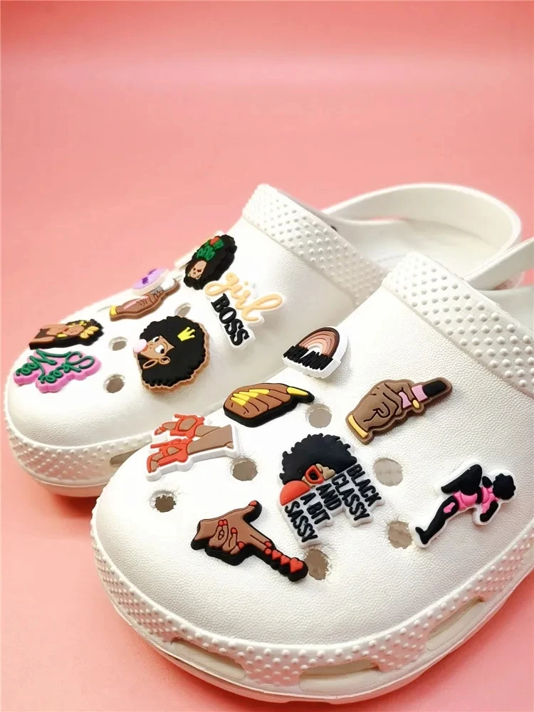 Black Girls Shoe Charms Diy PVC Buckle Decorations Women Clog Shoes Accessories Fit Bracelet Shoes Ornaments For Adult Kid Decor