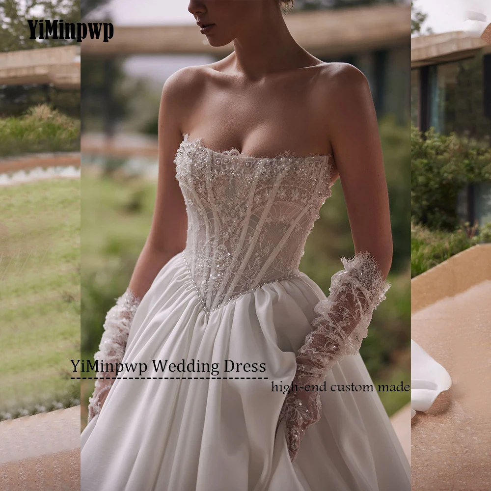 Customized Strapless Satin Wedding Dresses 2025 Women's Dress Lace Up Sleeveless Applique Backless vestido de noiva Customized