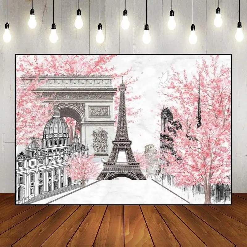 Tower Theme Eiffel Pink Flowers Trees Gray Paris Themed Happy Birthday Party Photography Backdrop Background Banner Decoration