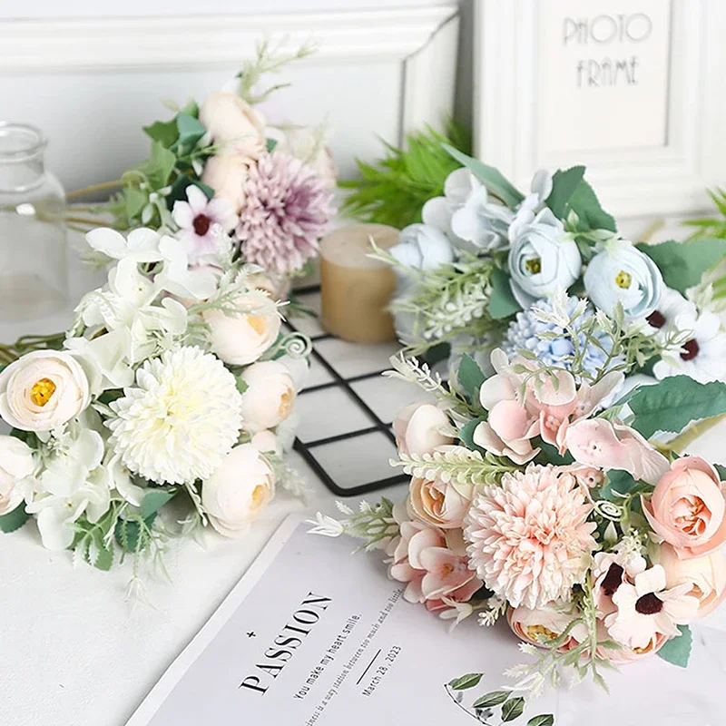 1 шт. декоративный букет роз и гортензий из искусственного шелка, идеально подходит для свадеб, дома, сада и уличных досок