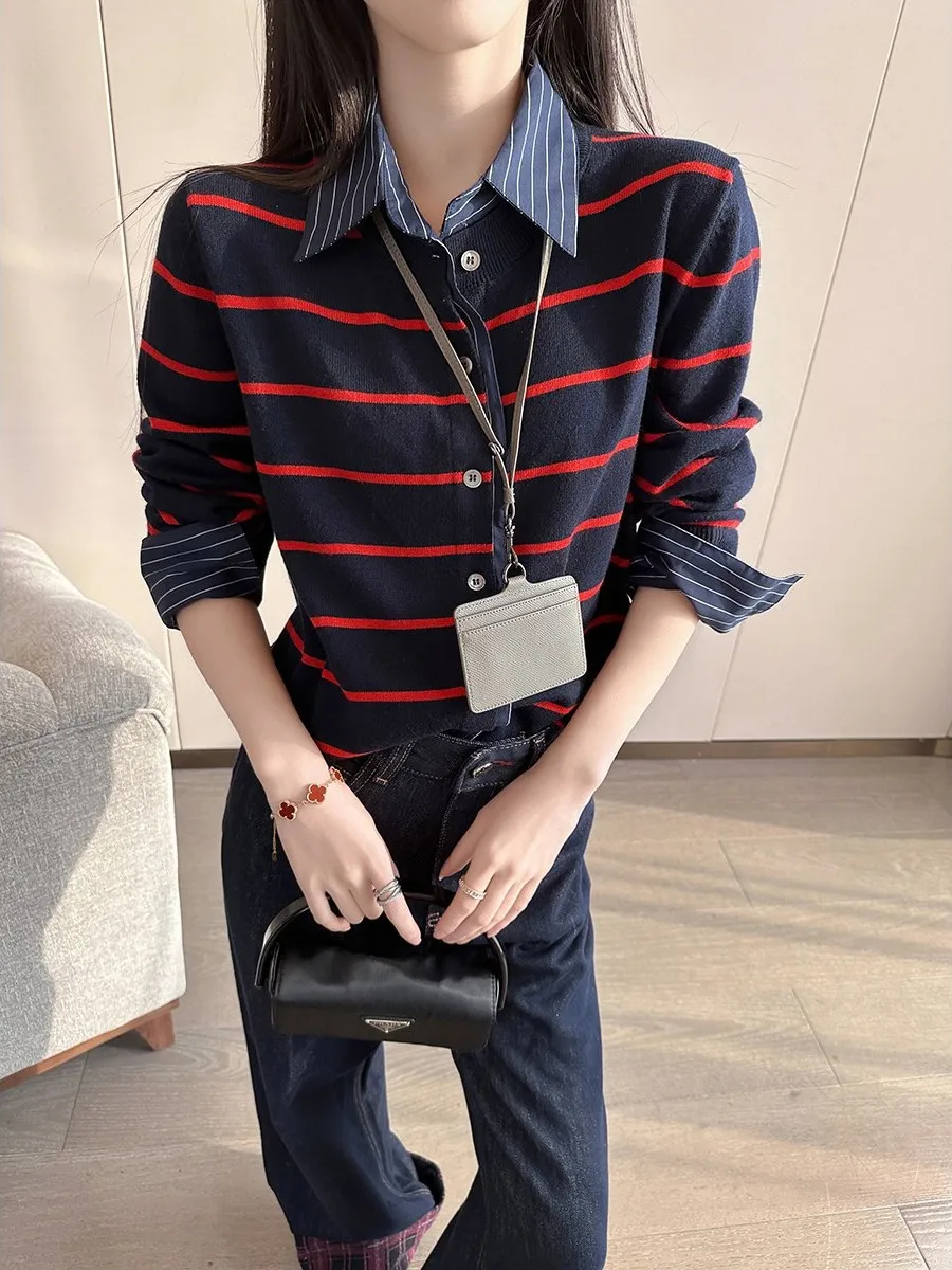 

Повседневный свободный вязаный свитер в полоску для женщин, модный осенний 2026, новый стиль, универсальный, имитация двухслойности, для работы и отдыха