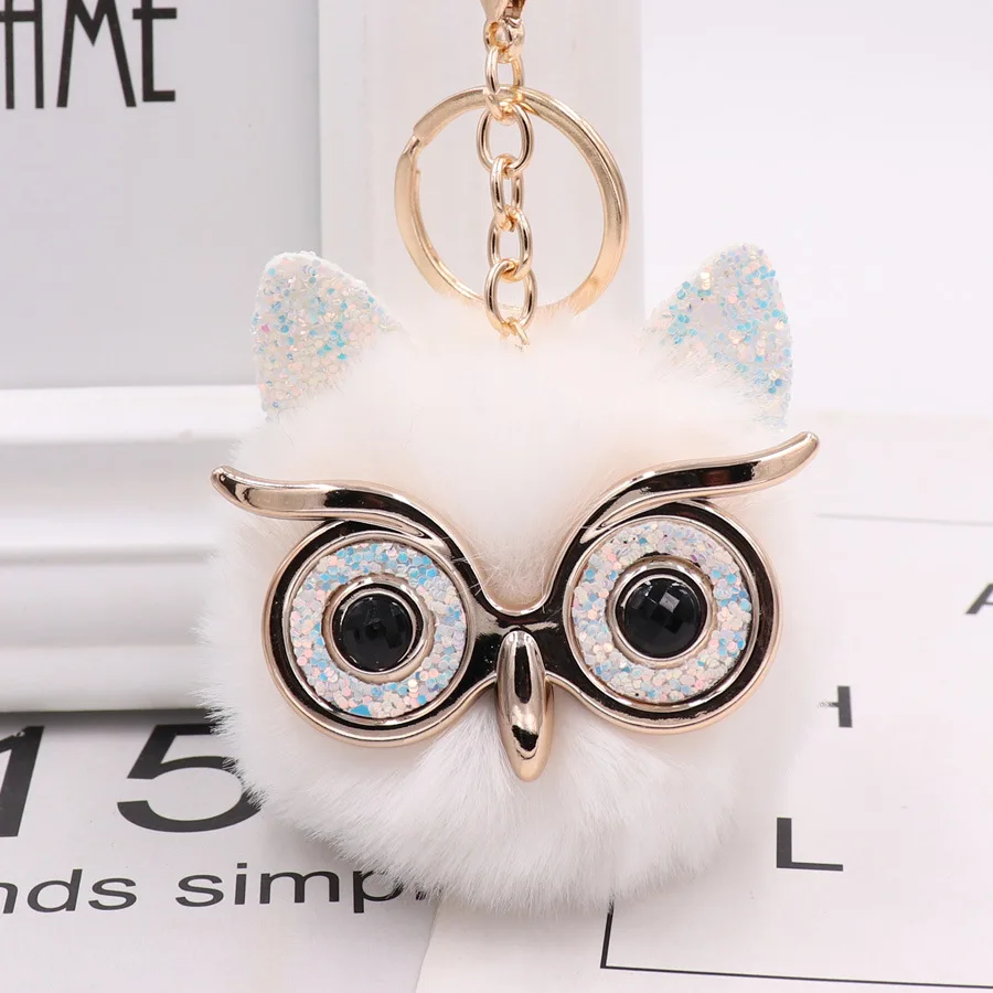 Owl Plush Keychain Cute Fluffy Big Eyes Glitter Charm Bag Pendant Car Animal Women\'s Gifts Trinket Best Gift Keyring Accessories