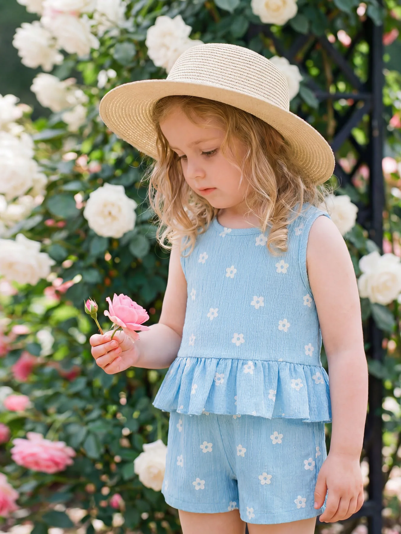 Girls Floral 2‑Piece Outfit, Sleeveless Ruffle Top + Print Shorts, Summer Casual Kids Clothing Set