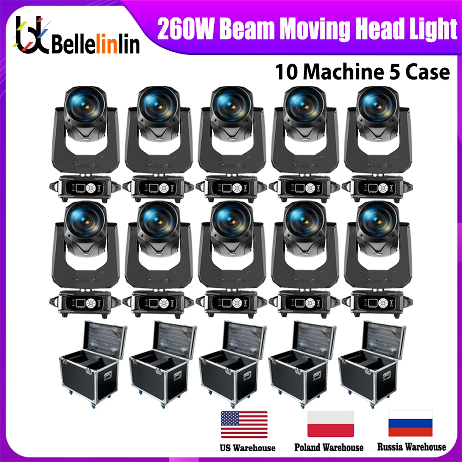 0 Tax 10Pcs 9R 260W Beam Bulb Moving Head Lighting With Flycase Double Prism DJ Disco Club Rainbow Effect Wedding Show Bar Stage