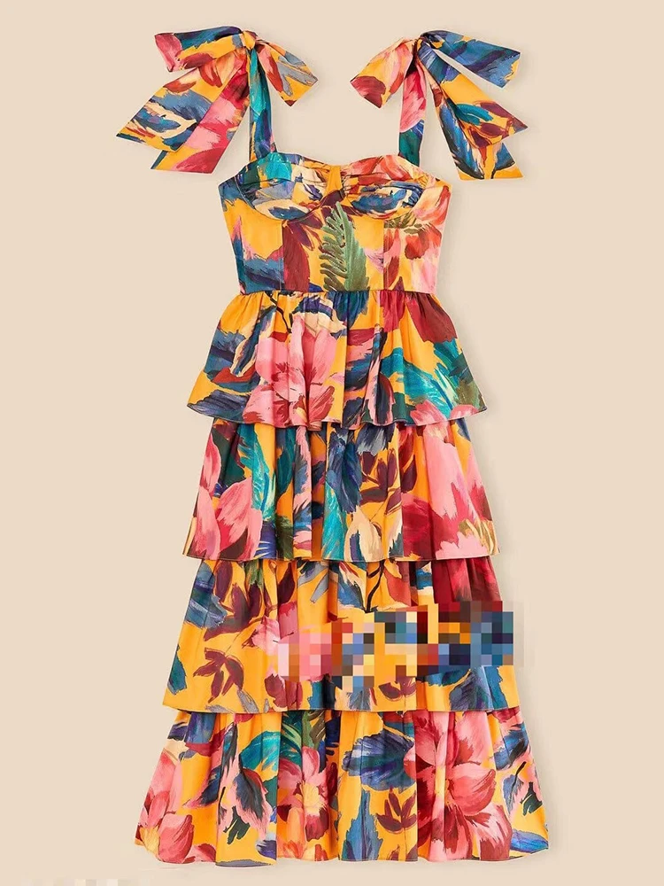 VGH Spliced Lace Up Printing Casual Dresses For Women Square Collar Sleeveless High Waist Backless Colorblock Dress Female New