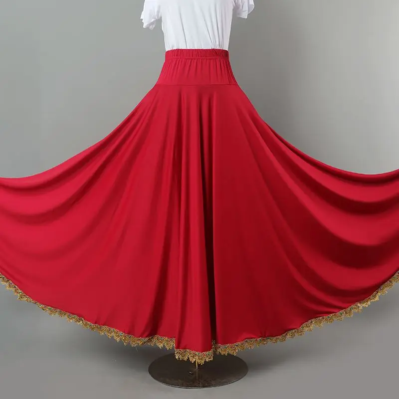 الذهب بوردي قاعة الرقص التنانير الطويلة عالية الخصر مطاطا حزام كشكش أداء زي المرأة الإسبانية الفلامنكو سوينغ تنورة #6