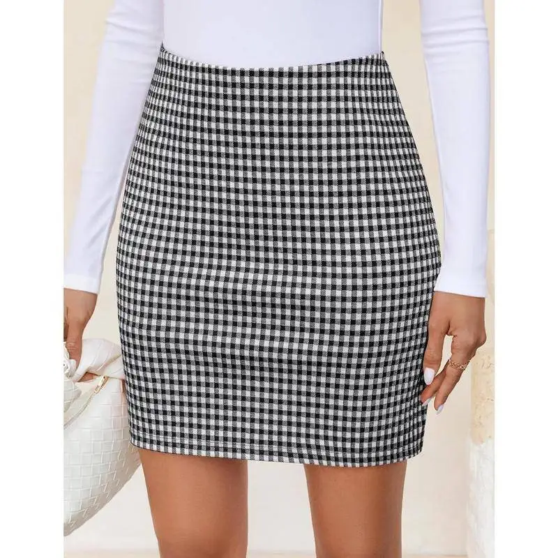 Elegant Plaid Midi Skirt Trendy Half-length Checkered Skirt Spring Season Women's Fashion Mid-waist Batwing Shape Skirt