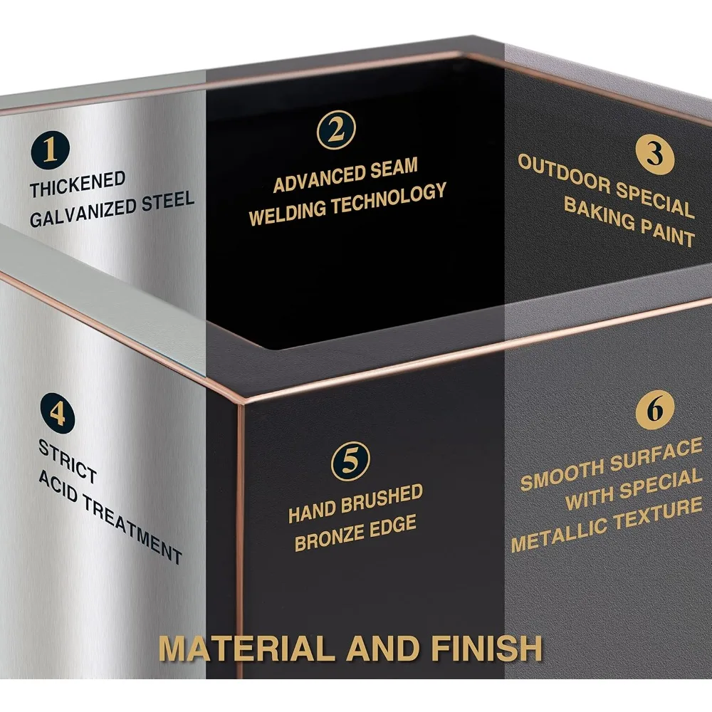 Высокий металлический ящик для цветов на открытом воздухе, 14x14x30 дюймов, матовый вручную золотой край, большая вместимость для уличных растений