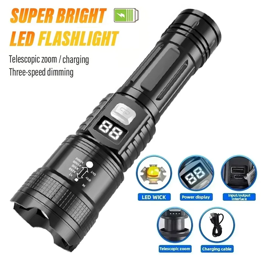 High Strong Power Led FlashlightsTactical Torch with Display Light USB Charging Outdoor Camping Fishing Emergency Zoom Lantern