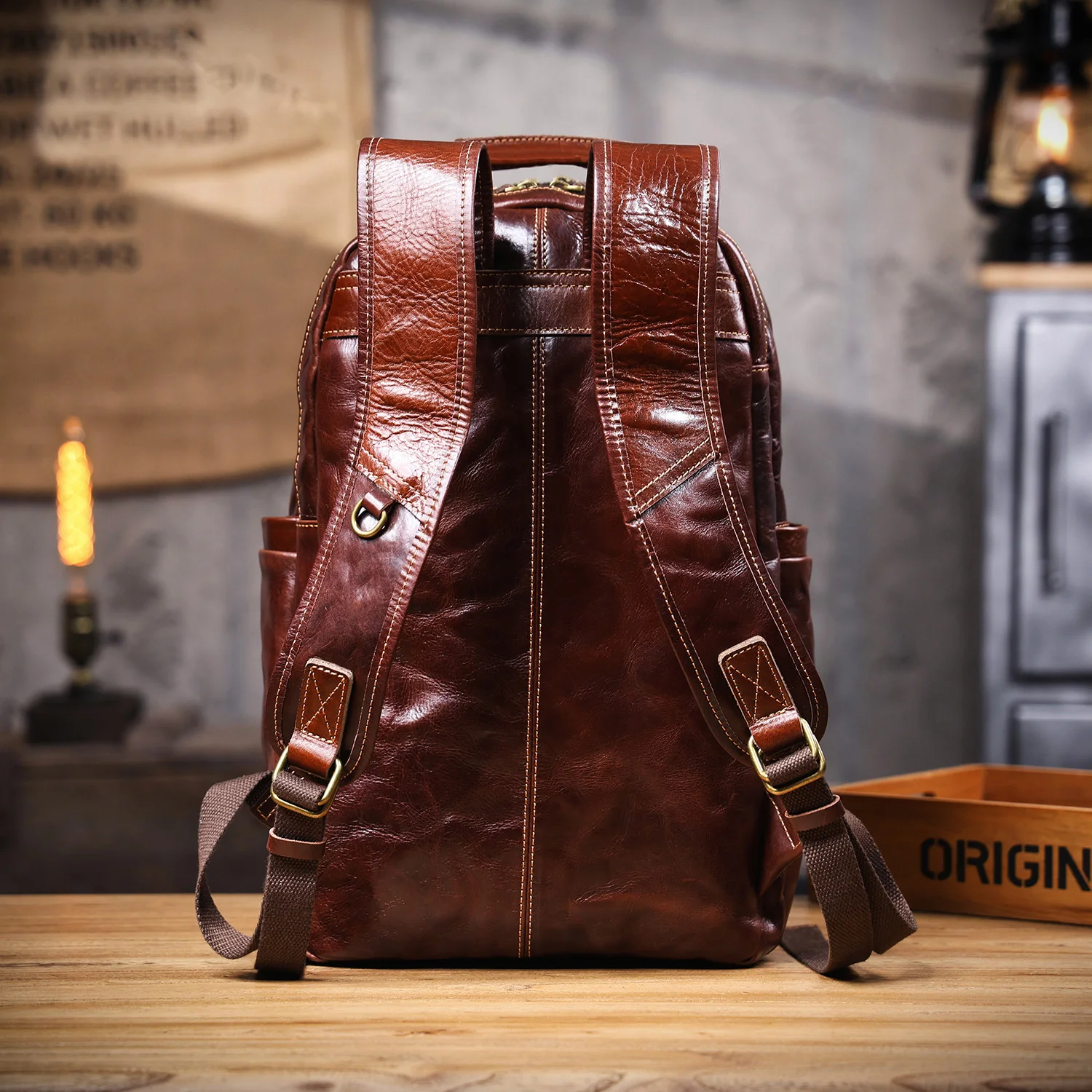 S.WORKER Herren-Rucksack aus echtem Leder, hochwertiges Rindsleder, lässige Schultaschen, 15"-Laptop-Taschen, Reise-Tagesrucksack, Geschenk für Männer – Detail 24