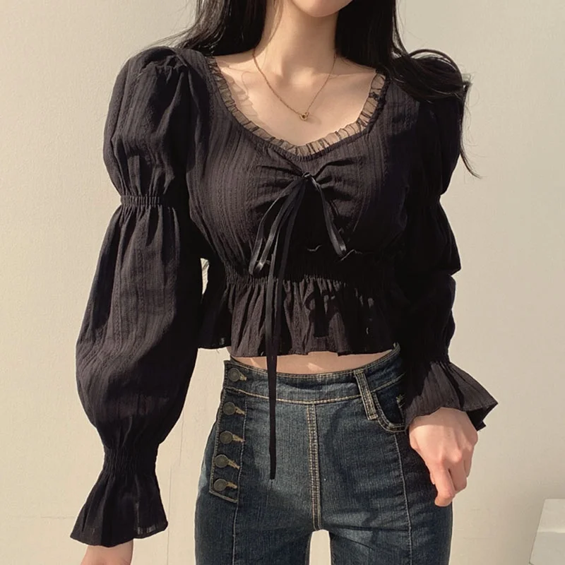 Chic doux col à volants ort coupe ajustée cloche Sve irt avec nœud papillon pour plus jeune look automne Faion dames Blouse