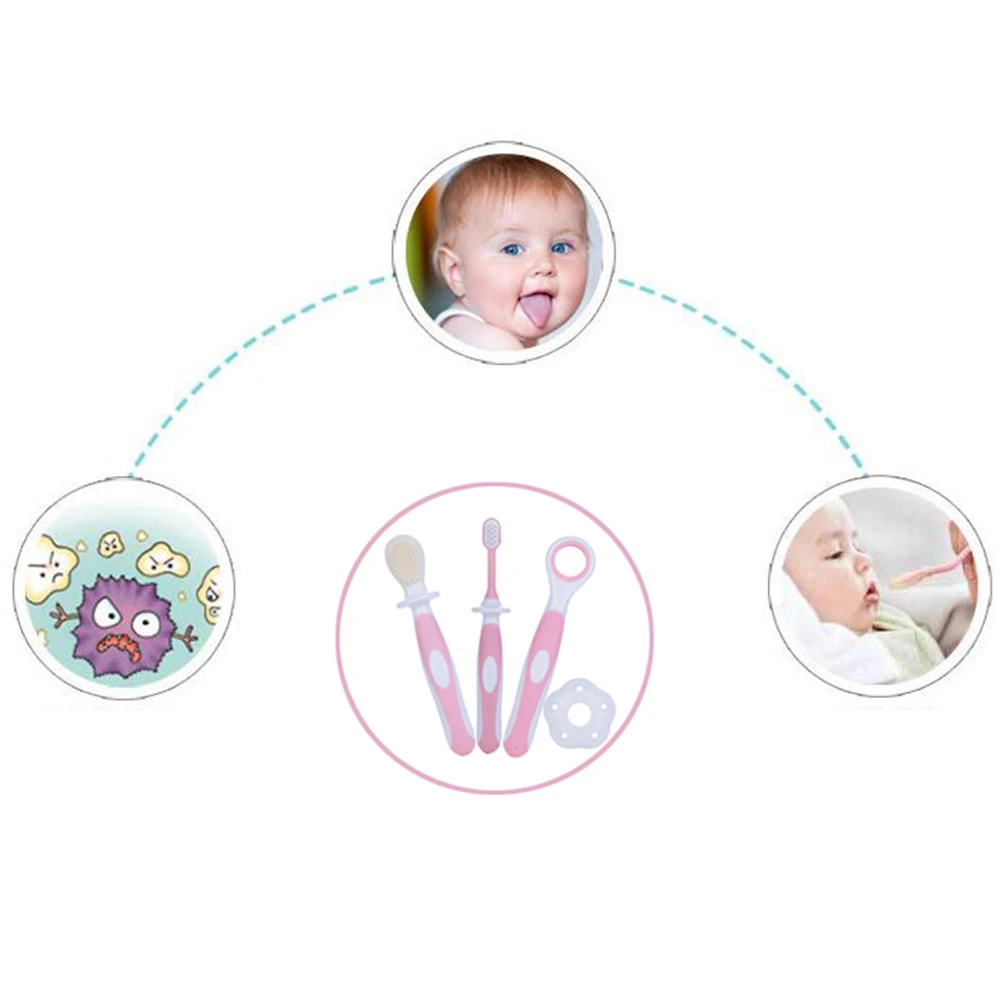 

Child Toothbrush Set with Soft Silicone Bristles 3-Phase Baby Training Brush for Oral Hygiene Easy Grip Tongue Cleaner Pink