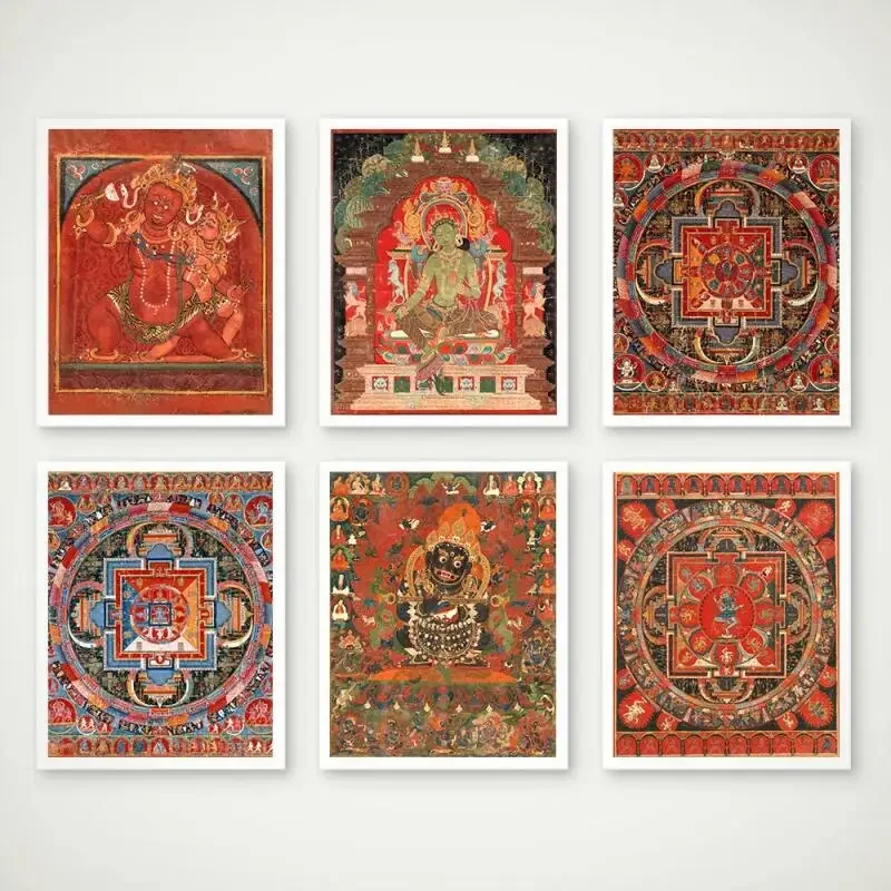 Vintage Tibetan Buddhist Thangka and Mandala Art Prints, Abstract Posters, Kalachakra Buddhism Wall Pictures for Living Room