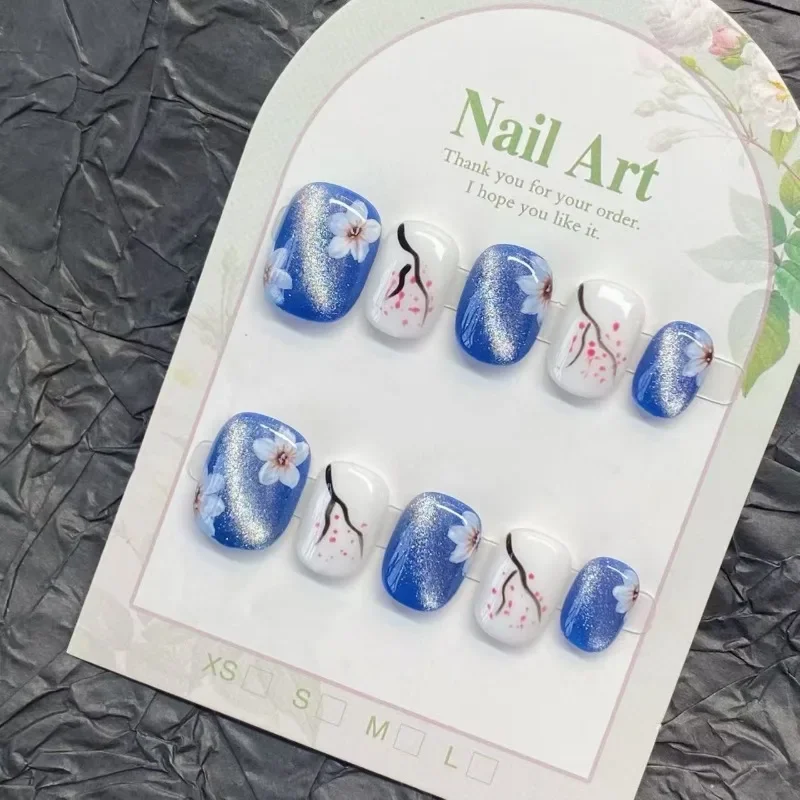 

10Pcs Oriental Floral False Nails Short Square in Blue & White with Delicate Hand-Painted Designs Nail Art for Women&Girls Wear
