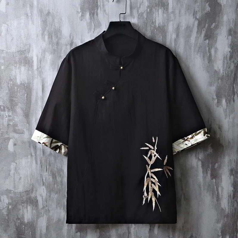 

Новая китайская мужская льняная футболка с вышивкой, летняя, с коротким рукавом, модная, брендовая, в стиле хип-хоп