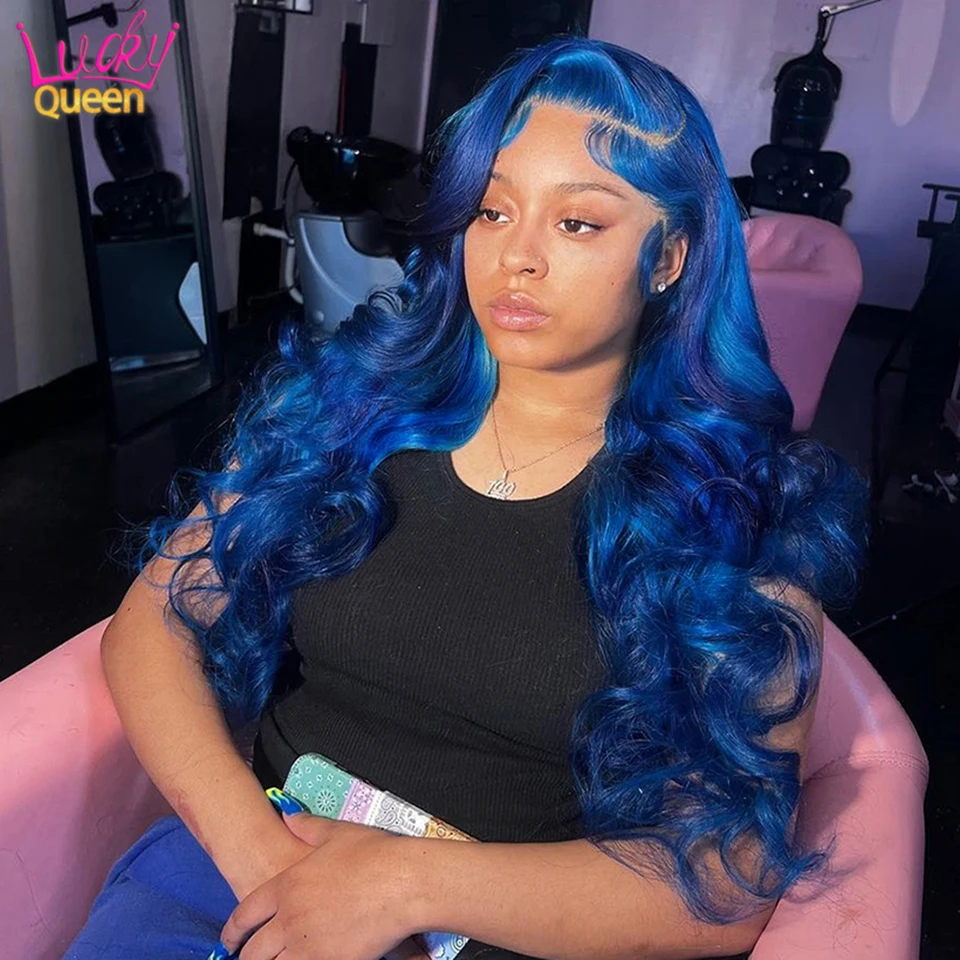 

13x4 Blue Lace Front Wig Human Hair Body Wave Transparent Lace Pre Plucked 13x6 Lace Frontal Wig Human Hair 180 Density