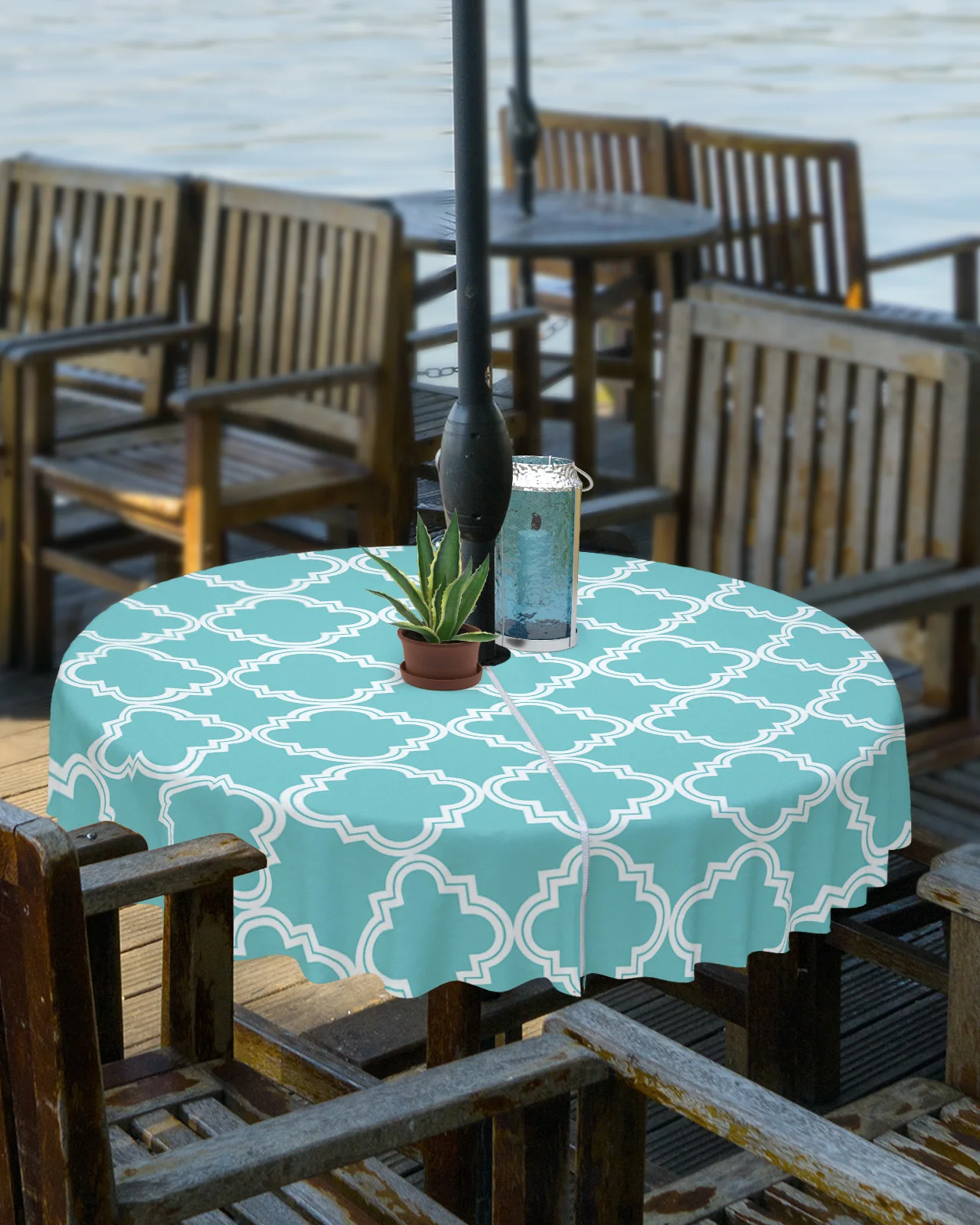 Blue Morocco Outdoor Tablecloth with Umbrella Hole Zippered Waterproof Table Cloth Picnic BBQs Patio Round Rectangle Table Cover